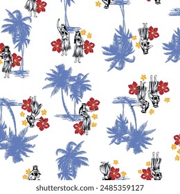 Seamless pattern with palm trees and hula dancers,,