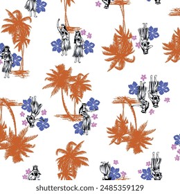 Seamless pattern with palm trees and hula dancers,,