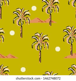 Seamless pattern Palm trees and island mountain pixle  in vector illustration. Design for fashion , fabric, web ,wallpaper, wrapping  and all prints on retro lemon green background color
