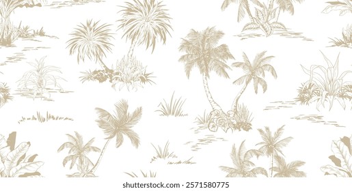 Seamless pattern with palm trees. Landscape sketches. Toile de Jouy style. Hand drawn vector illustration.