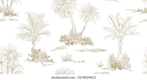 Seamless pattern with palm trees. Landscape sketches. Toile de Jouy style. Hand drawn vector illustration.