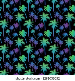 Seamless pattern with palm trees with layered colorful neon palm leaves on black background. Beautiful silhouette, for swimwear, surfboard, summer clothes