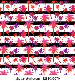 Seamless pattern with palm trees with layered colorful neon palm leaves on the striped background. Beautiful silhouettes, for swimwear, surfboard, summer clothes