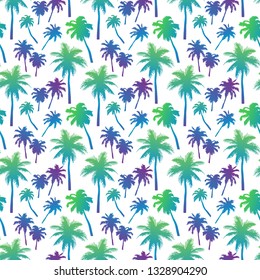 Seamless pattern with palm trees with layered colorful neon palm leaves and beautiful silhouettes, for swimwear, surfboard, summer clothes