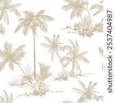 Seamless pattern with palm trees and leaves. Toile de Jouy style. Hand drawn vector illustration.