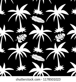 Seamless pattern with  palm trees, leaves. Tropical background. Fabric design, wallpaper