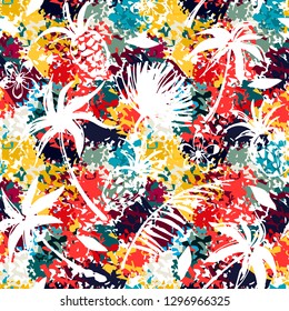 Seamless pattern with palm trees, leaves, pineapples. Grunge print. Abstract background texture, Fabric design, wallpaper