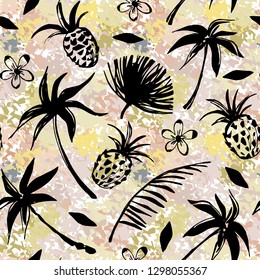 Seamless pattern with palm trees, leaves, pineapples on grunge background. Fabric design, wallpaper