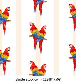 Seamless pattern with palm trees leaves and Blue Yellow and Red Blue Macaw parrots. Textile Wrapping paper background. repeating image. hand drawing