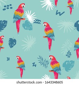 Seamless pattern with palm trees leaves and Blue Yellow and Red Blue Macaw parrots. Textile Wrapping paper background. repeating image. hand drawing