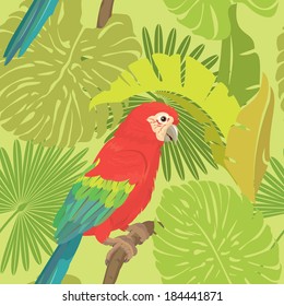 Seamless pattern with palm trees leaves and Red Blue Macaw parrot. 