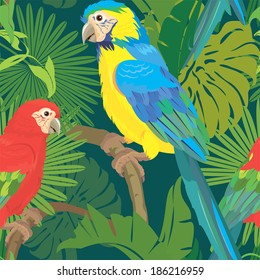 Seamless pattern with palm trees leaves and Blue Yellow and Red Blue Macaw parrots. Ready to use as swatch.