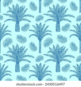 Seamless pattern with palm trees trees and leaves. Toile de Jouy retro engraving style.