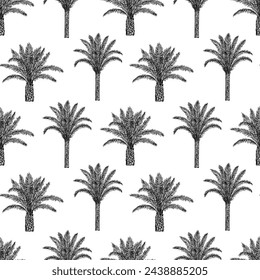 Seamless pattern with palm trees trees and leaves. Toile de Jouy retro engraving style.