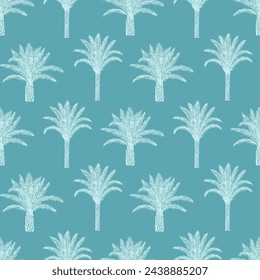 Patrón sin costuras con palmeras y hojas. Estilo de grabado retro Toile de Jouy.