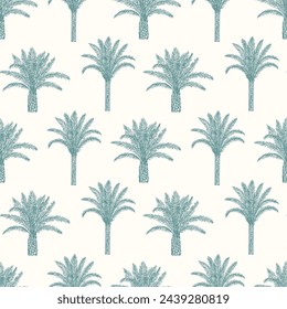 Seamless pattern with palm trees trees and leaves. Toile de Jouy retro engraving style.