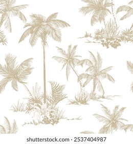 Seamless pattern with palm trees and leaves. Toile de Jouy style. Hand drawn vector illustration.