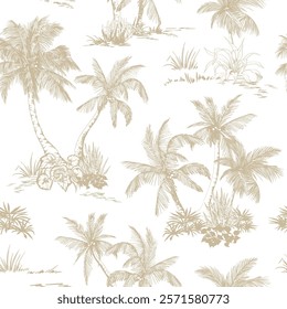 Seamless pattern with palm trees and leaves. Toile de Jouy style. Hand drawn vector illustration.