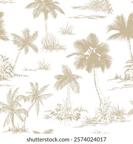 Seamless pattern with palm trees and leaves. Toile de Jouy style. Hand drawn vector illustration.