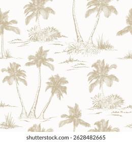 Seamless pattern with palm trees and leaves. Toile de Jouy style. Hand drawn vector illustration.