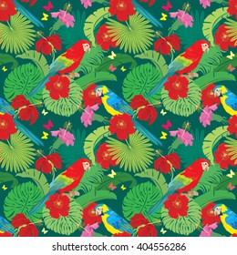 Seamless pattern with palm trees leaves, Frangipani flowers and Blue Yellow and Red Blue Macaw parrots. Element for summer, travel and vacation design.