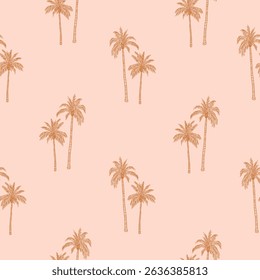 Padrão contínuo com palmeiras em tons de boho naturais. Projeto de fundo com silhueta de planta tropical exótica com folhas. Verão praia chic vibração. Ilustração vetorial desenhada à mão botânica