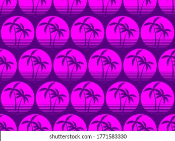 Seamless pattern with palm trees on sun background in 80s style, purple color. Synthwave retro background. Vector illustration