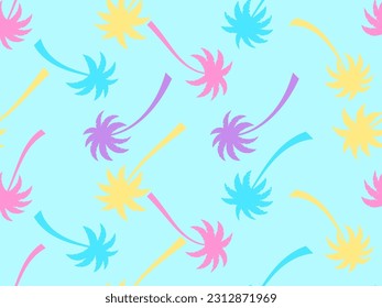 Seamless pattern with palm trees on a blue background. Summer time, tropical pattern with colorful palm trees. Design for printing t-shirts, banners and promotional items. Vector illustration