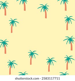 Seamless pattern with palm trees on a light yellow background. Palm trees are evenly spaced. Tropical vibe with palm trees. Ideal for summer-themed designs. Vector background with copy space.