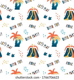 Seamless pattern of palm trees phrases - dino party, dino fun, let's play. Colorful seamless texture for kids. Swatch of cartoon background. Stock vector illustration on white background.