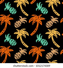 Seamless pattern with palm trees, pineapples. Background texture. Wallpaper