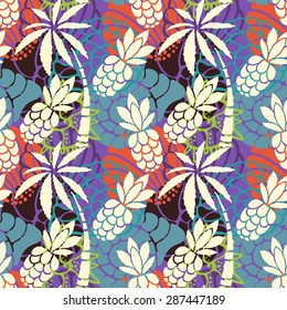 Seamless pattern with palm trees, pineapples, seashells. Summer print, repeating background texture, wallpaper