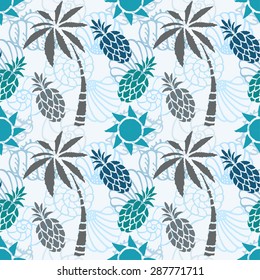 Seamless pattern with palm trees, pineapples, seashells, sun. Summer print, repeating background texture, wallpaper