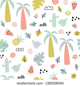 Seamless pattern with palm trees, plants and fruits on a white background. Vector illustration for children.