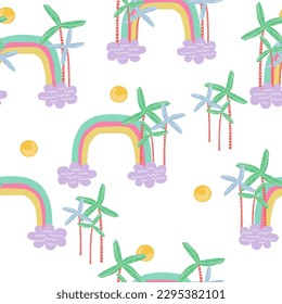 Seamless pattern with palm trees and rainbow. Tropical pastel print. Vector hand drawn illustration.