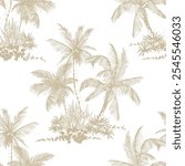 Seamless pattern with palm trees scenery. Toile de Jouy style. Hand drawn vector illustration.