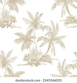 Seamless pattern with palm trees scenery. Toile de Jouy style. Hand drawn vector illustration.