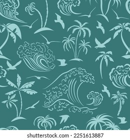 Seamless pattern palm trees and sea. Vector illustration