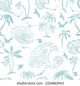 Seamless pattern palm trees and sea. Vector illustration