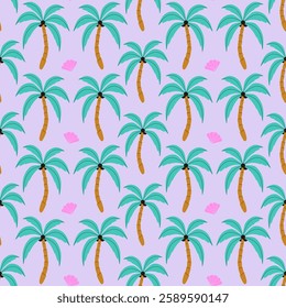 Seamless pattern with palm trees and seashell. Cartoon isolated vector illustration