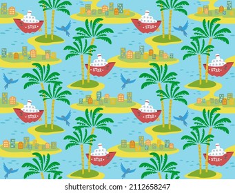 Seamless pattern, Palm trees and ships, Cartoon images, Interior wallpaper