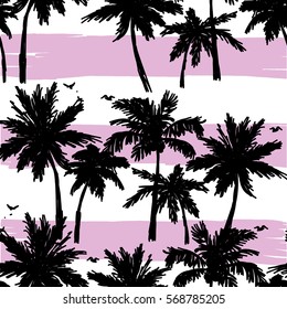 
Seamless pattern with palm trees. Striped background. Summer tropical background.