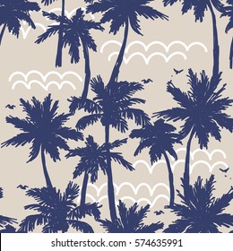 Seamless pattern with palm trees. Striped background. Summer tropical background.