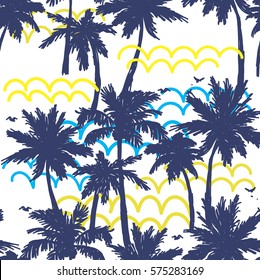 Seamless pattern with palm trees. Stylish summer background. Drawing by hand. Bright color, juicy and fresh.