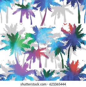Seamless pattern with palm trees. Stylish summer background. Drawing by hand. Bright color, juicy and fresh.