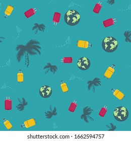 seamless pattern with palm trees, suitcase, Earth. Concept trip on summer vacation. vector dark blue background. hand draving.