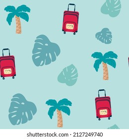 seamless pattern with palm trees , with suitcase on blue . Concept trip on summer vacation. travel,