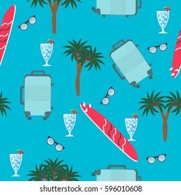 seamless pattern with palm trees, suitcase, sunglasses, cocktails and surfboards. Concept trip on summer vacation