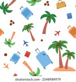 Seamless pattern palm trees, suitcases, coconuts and plane in cartoon style