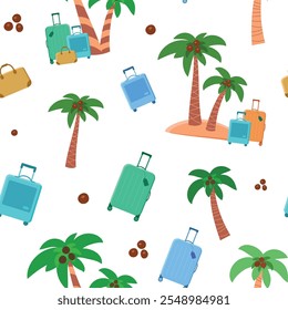 Seamless pattern palm trees, suitcases, coconuts and plane in cartoon style